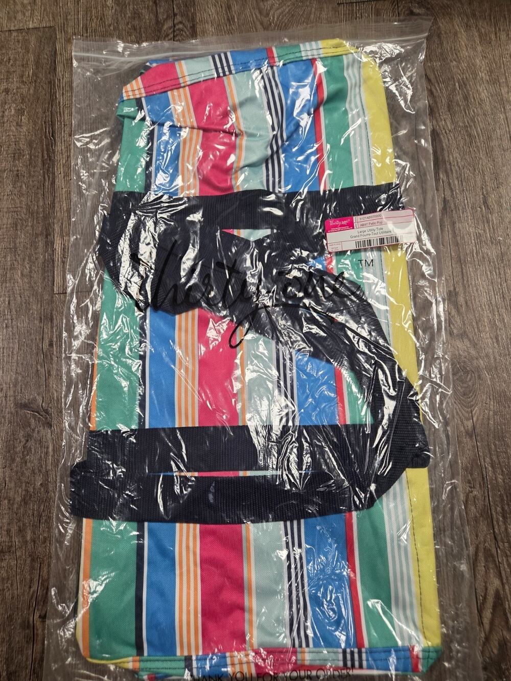 Thirty One Large Utility Tote Patio Pop Striped Blue Green NEW IN BAG
